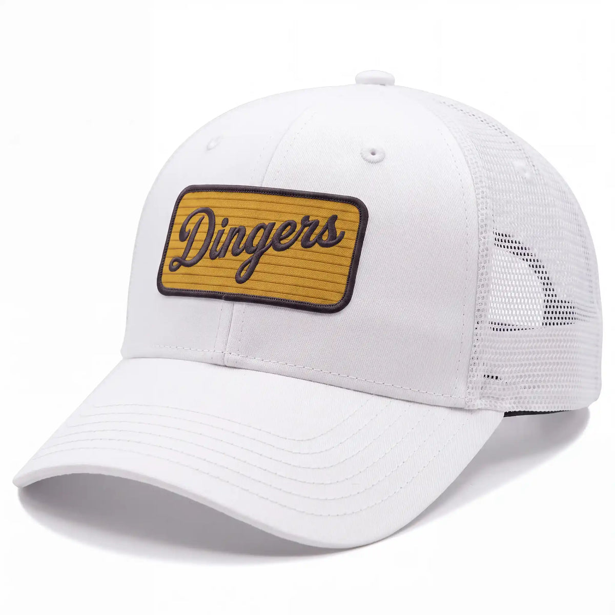 Dingers low profile trucker hat in white, side view