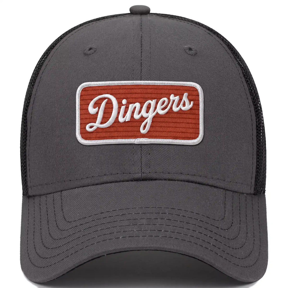 Dingers snapback trucker hat in charcoal, front view