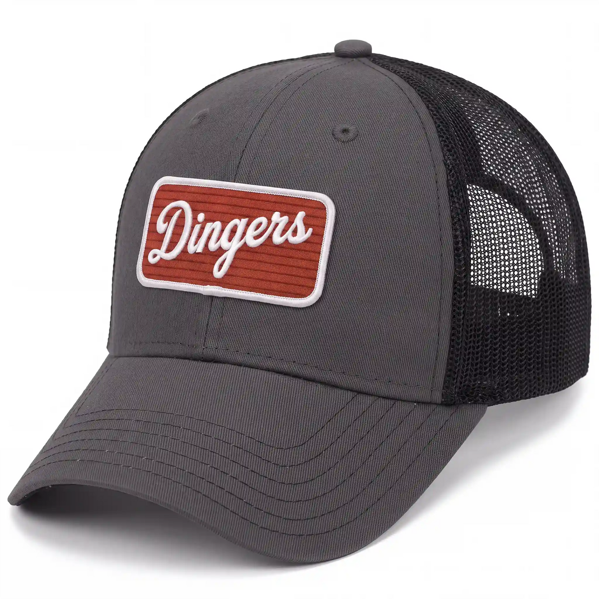Dingers snapback trucker hat in charcoal, side view