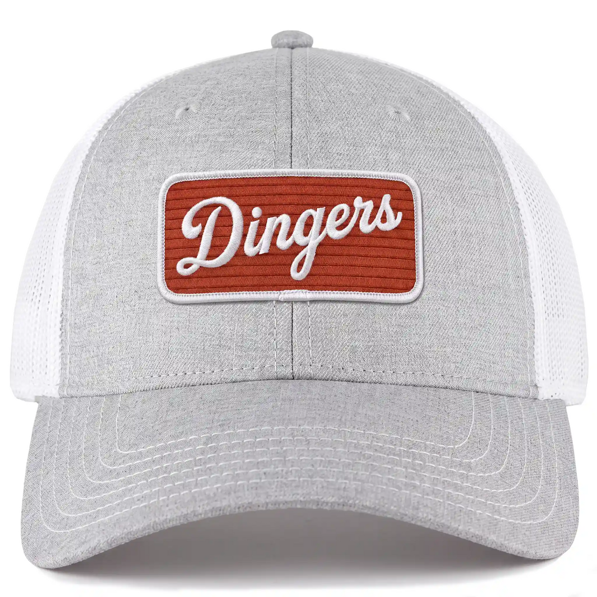 Dingers snapback trucker hat in heather gray, front view