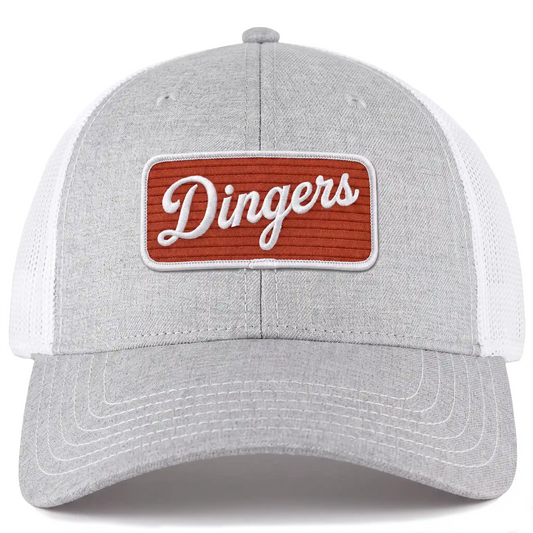 Dingers snapback trucker hat in heather gray, front view