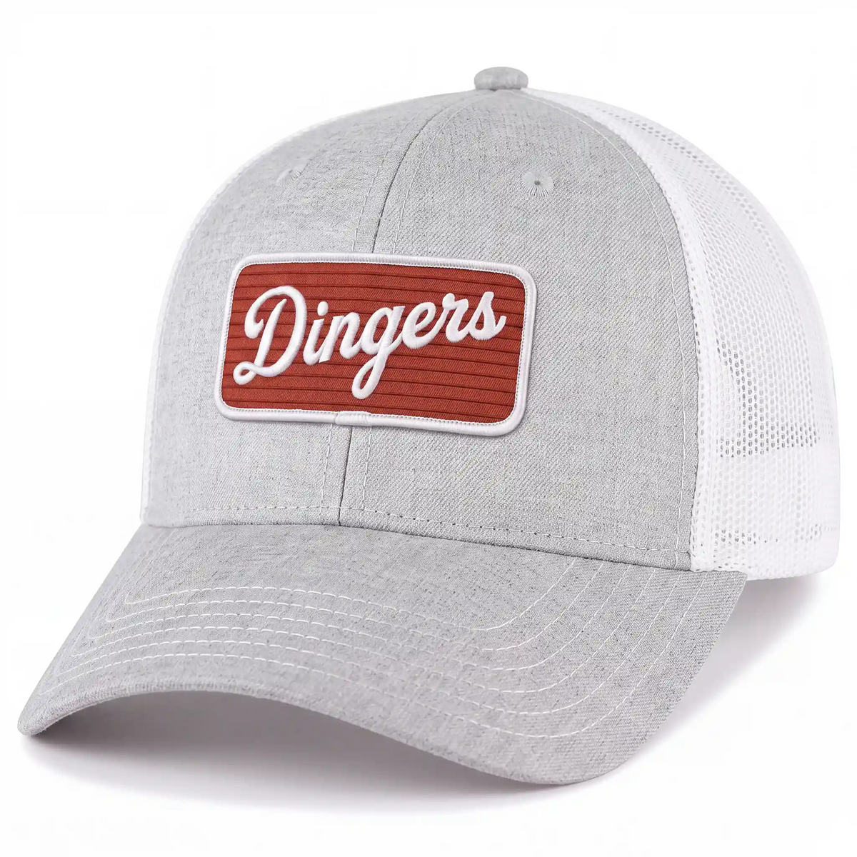 Dingers snapback trucker hat in heather gray, side view