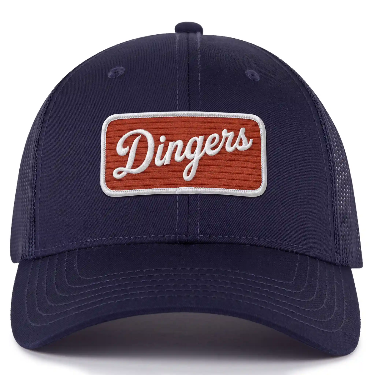 Dingers snapback trucker hat in navy, front view