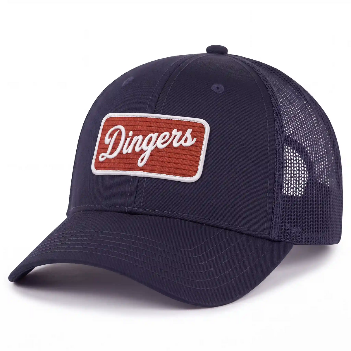Dingers snapback trucker hat in navy, side view