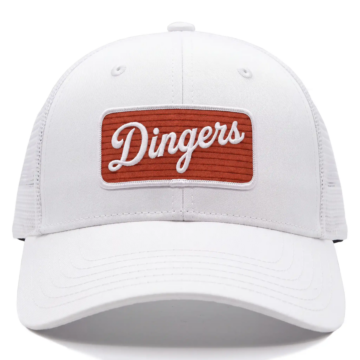 Dingers snapback trucker hat in white, front view