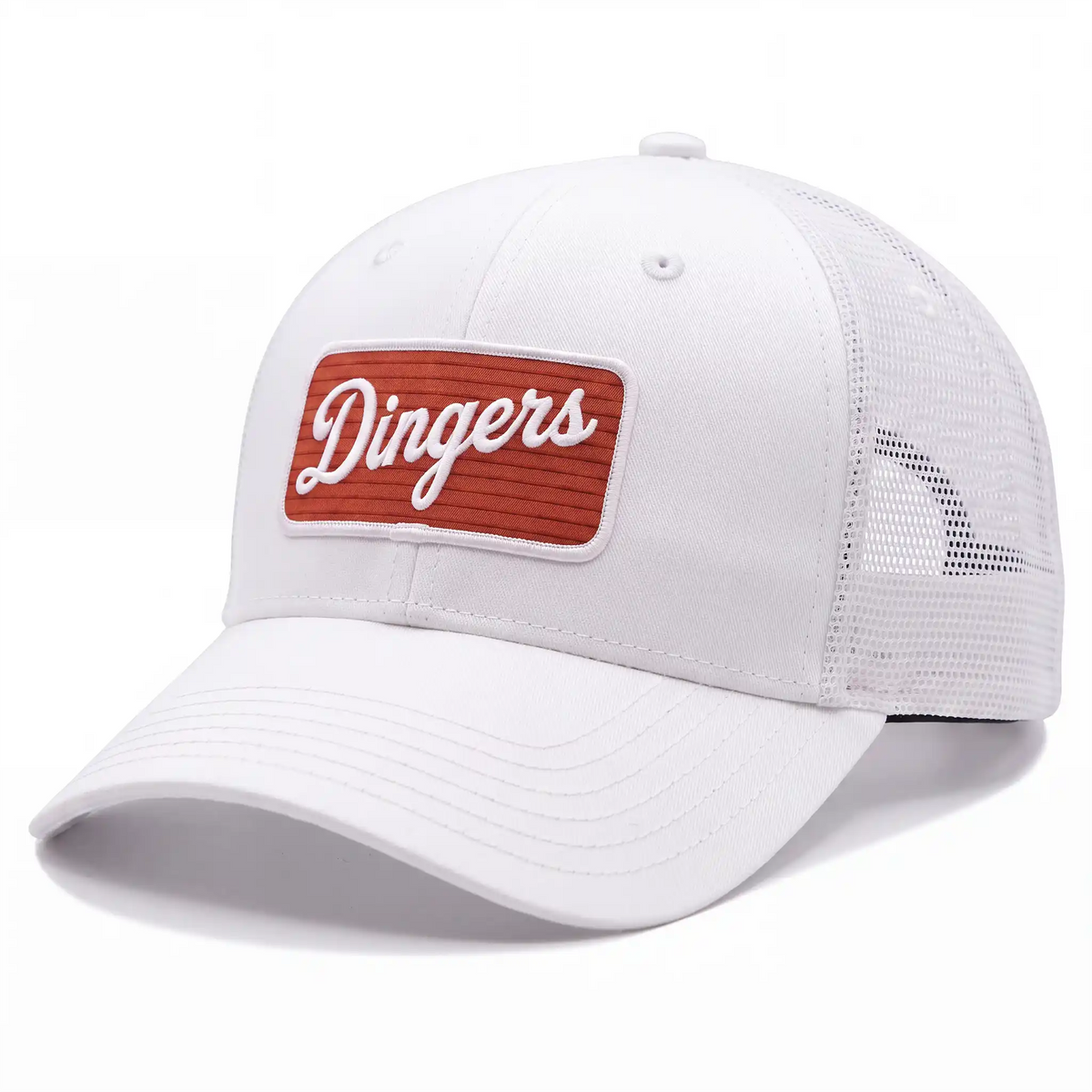 Dingers snapback trucker hat in white, side view