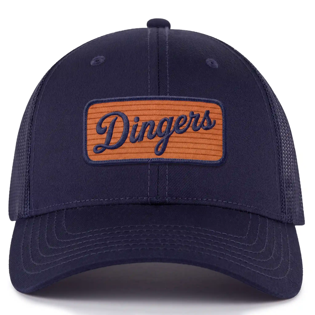 Dingers trucker hat snapback hat in navy, front view