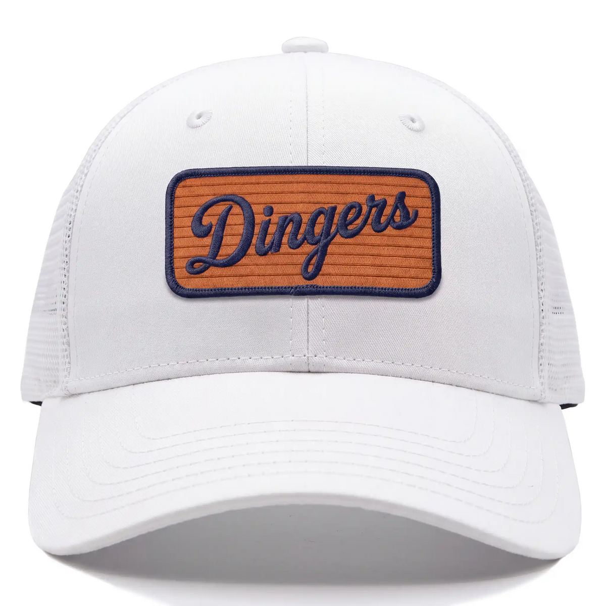 Dingers trucker hat snapback hat in white, front view