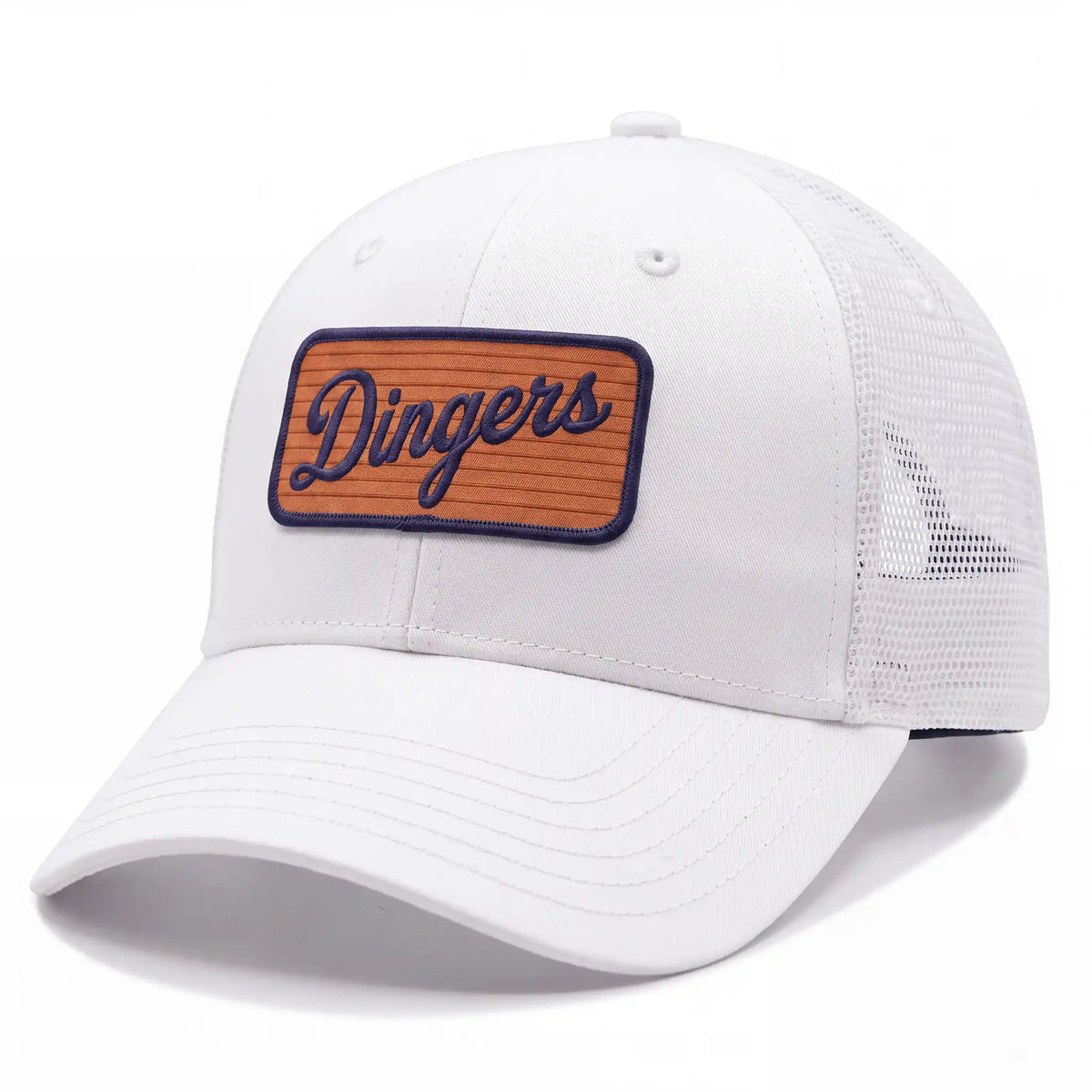 Dingers trucker hat snapback hat in white, side view