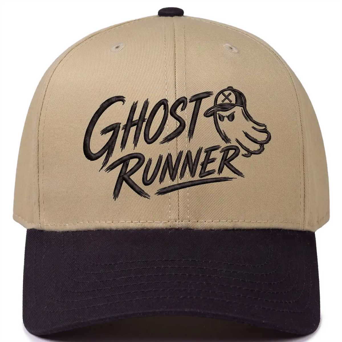 Ghost Runner 6-panel snapback hat in khaki with black bill, front view