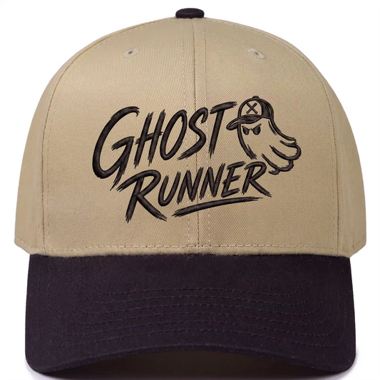Ghost Runner 6-panel snapback hat in khaki with black bill, front view