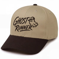 Ghost Runner 6-panel snapback hat in khaki with black bill, side view