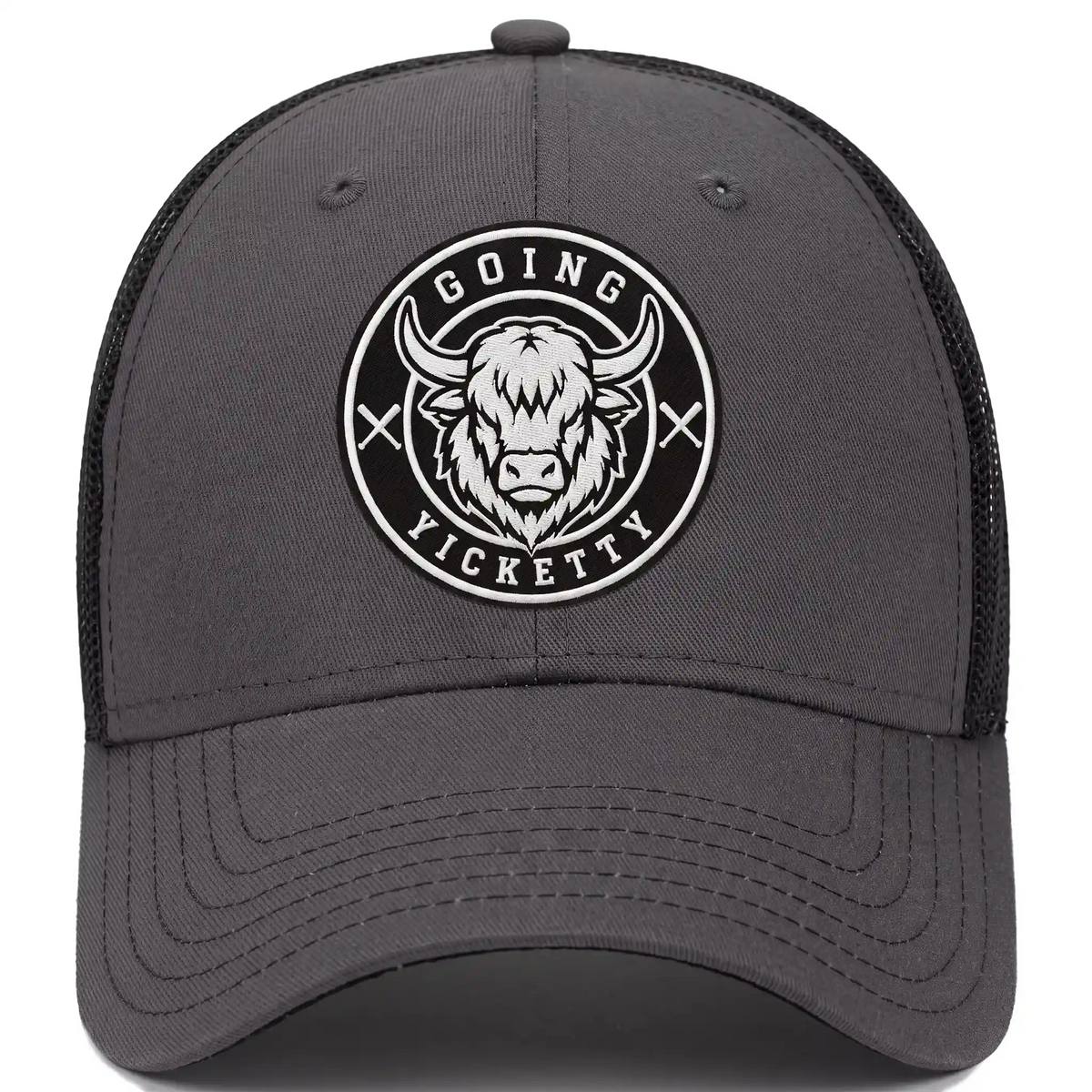 Going Yicketty trucker hat in charcoal, front view