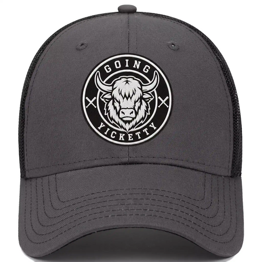Going Yicketty trucker hat in charcoal, front view