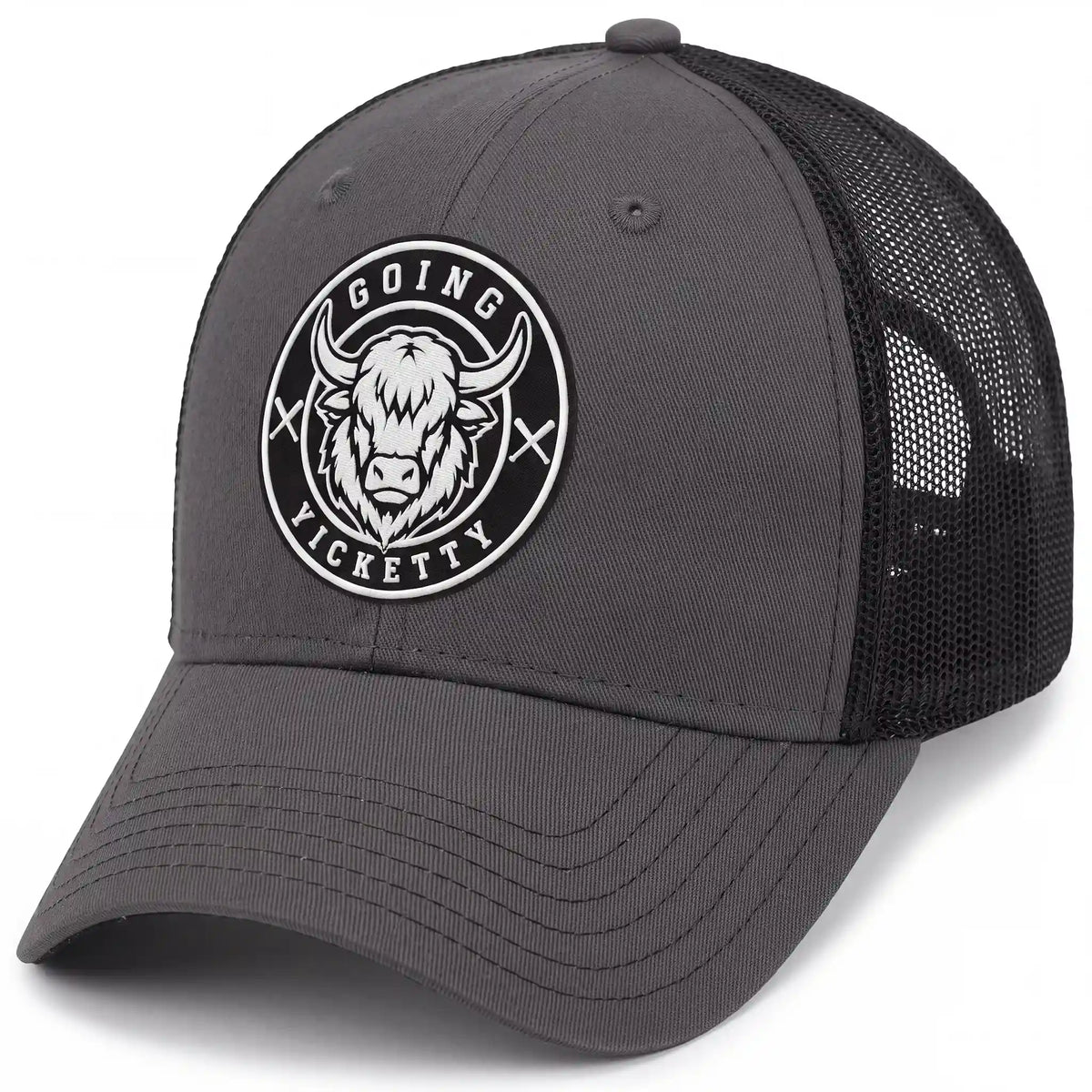 Going Yicketty trucker hat in charcoal, side view