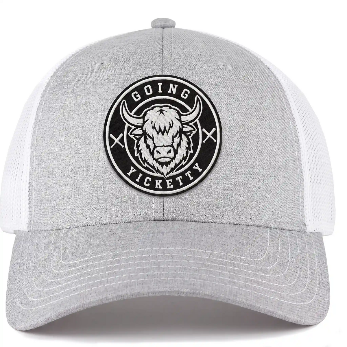 Going Yicketty trucker hat in heather gray, front view