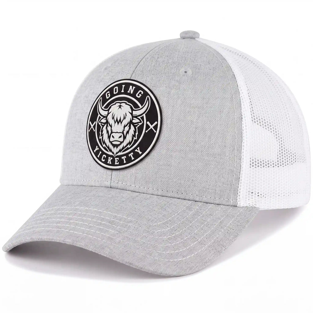 Going Yicketty trucker hat in heather gray, side view