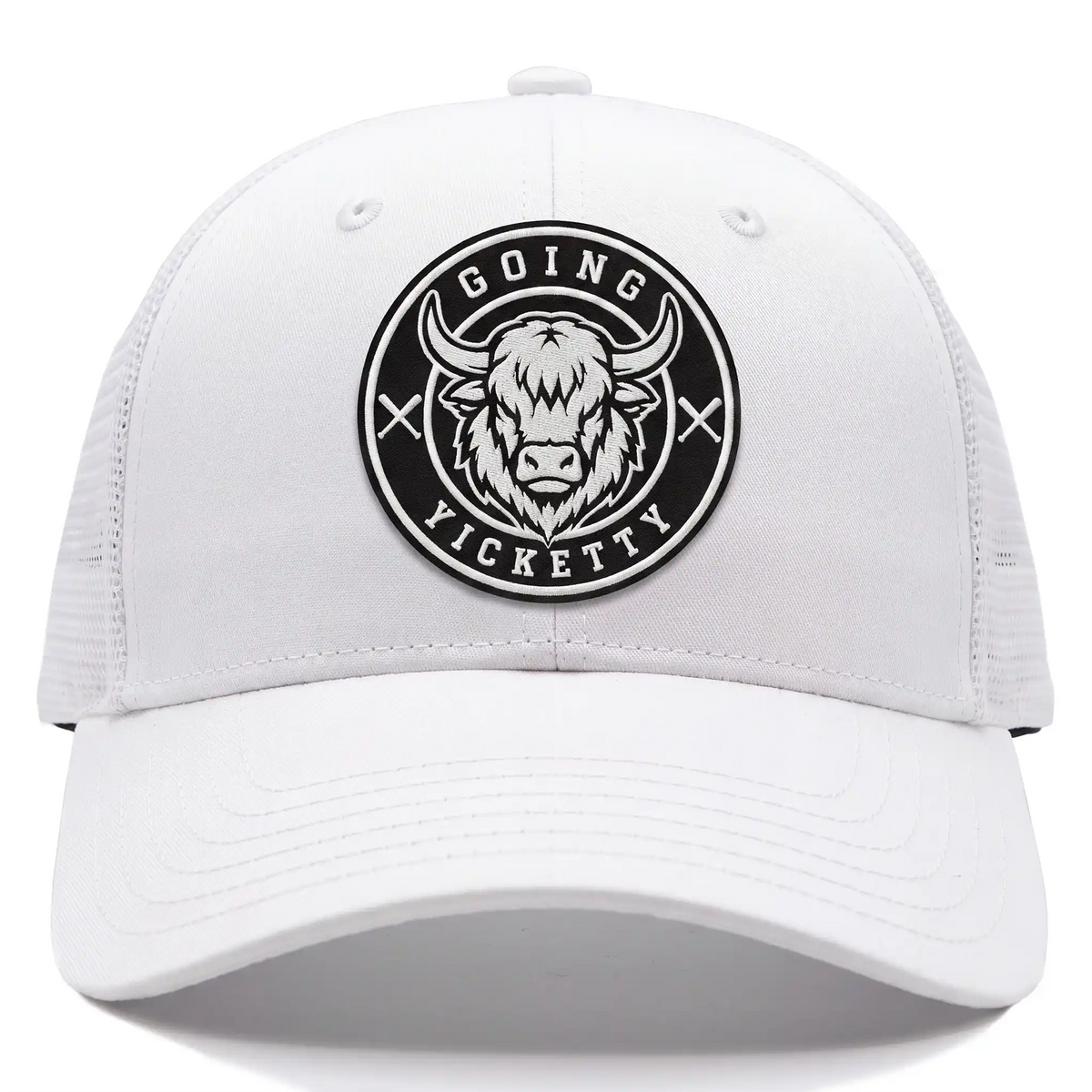 Going Yicketty trucker hat in white, front view