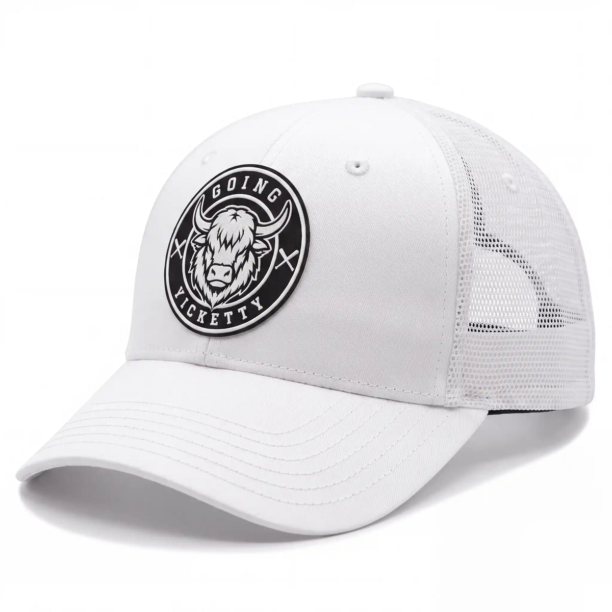 Going Yicketty trucker hat in white, side view
