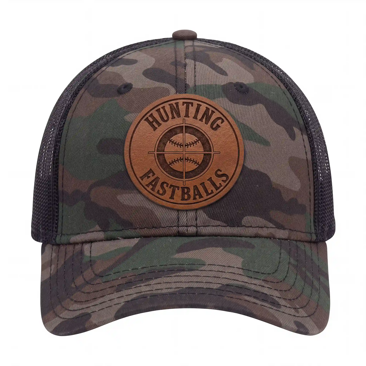 Hunting Fastballs camo trucker hat, front view