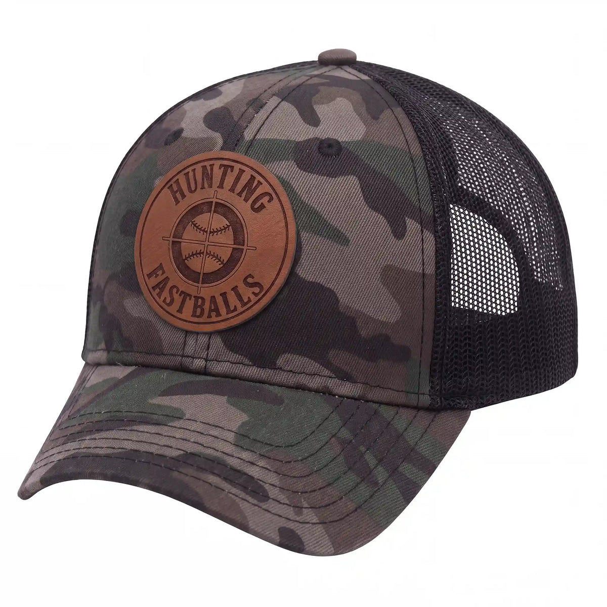Hunting Fastballs camo trucker hat, side view