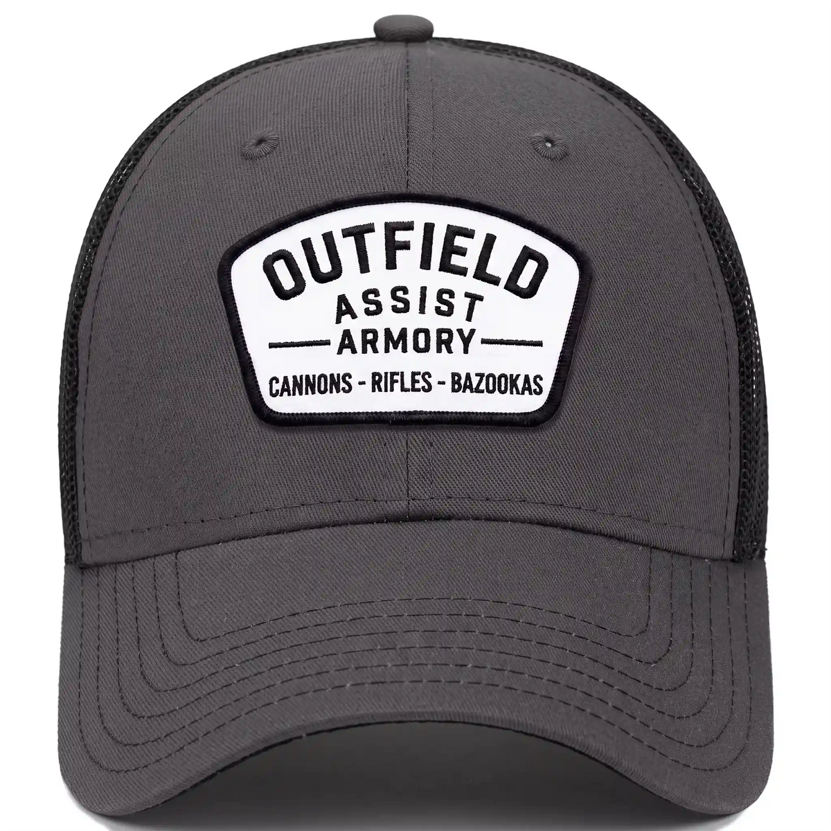 Outfield Assist Armory low profile trucker hat in charcoal, front view