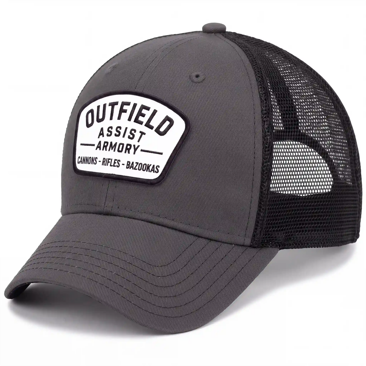 Outfield Assist Armory low profile trucker hat in charcoal, side view
