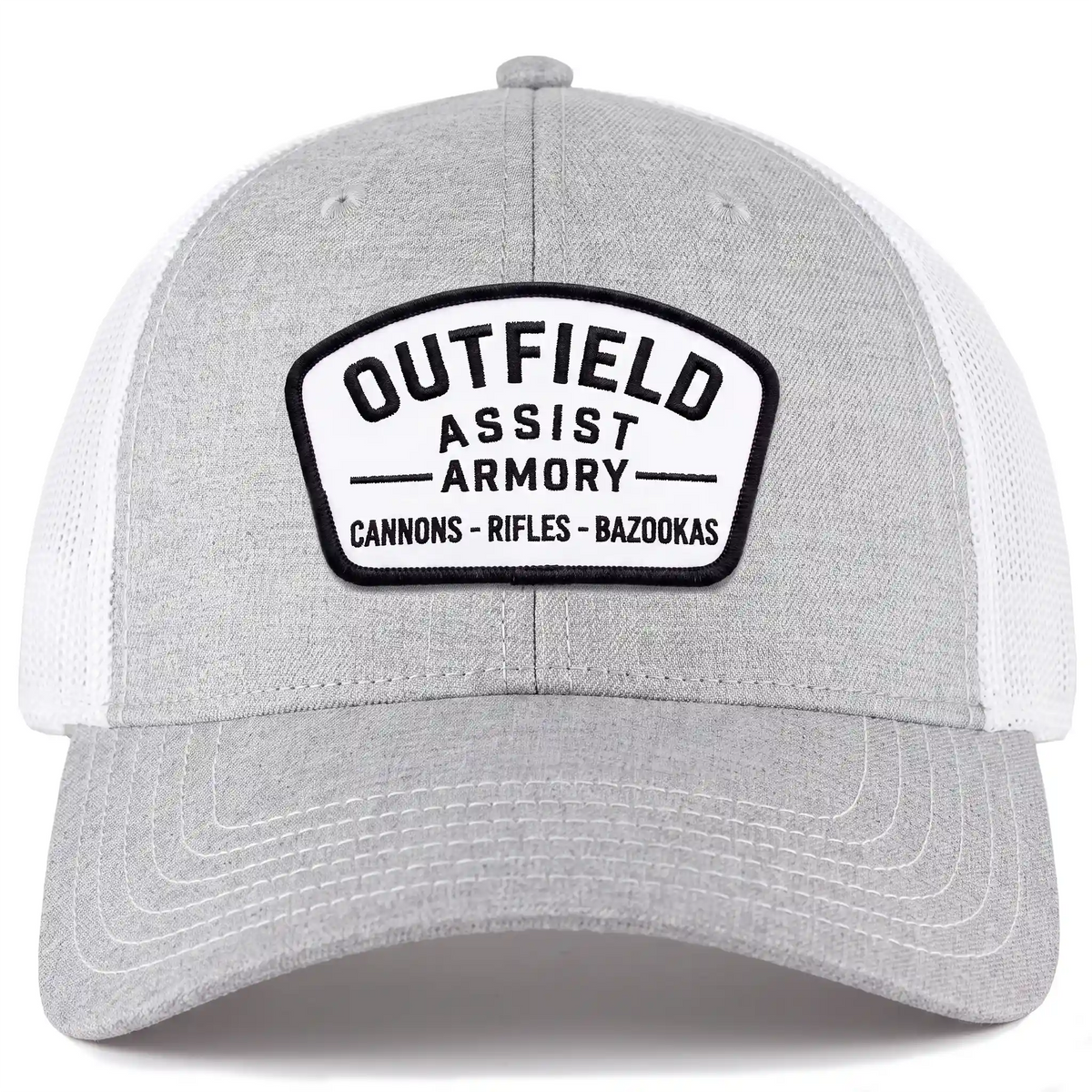 Outfield Assist Armory low profile trucker hat in heather gray, front view