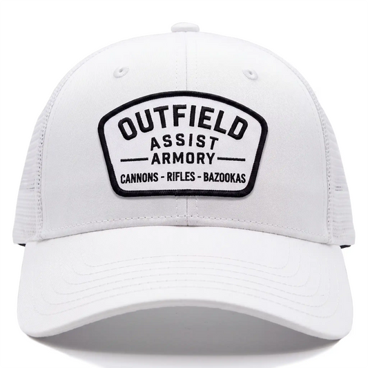 Outfield Assist Armory low profile trucker hat in white, front view