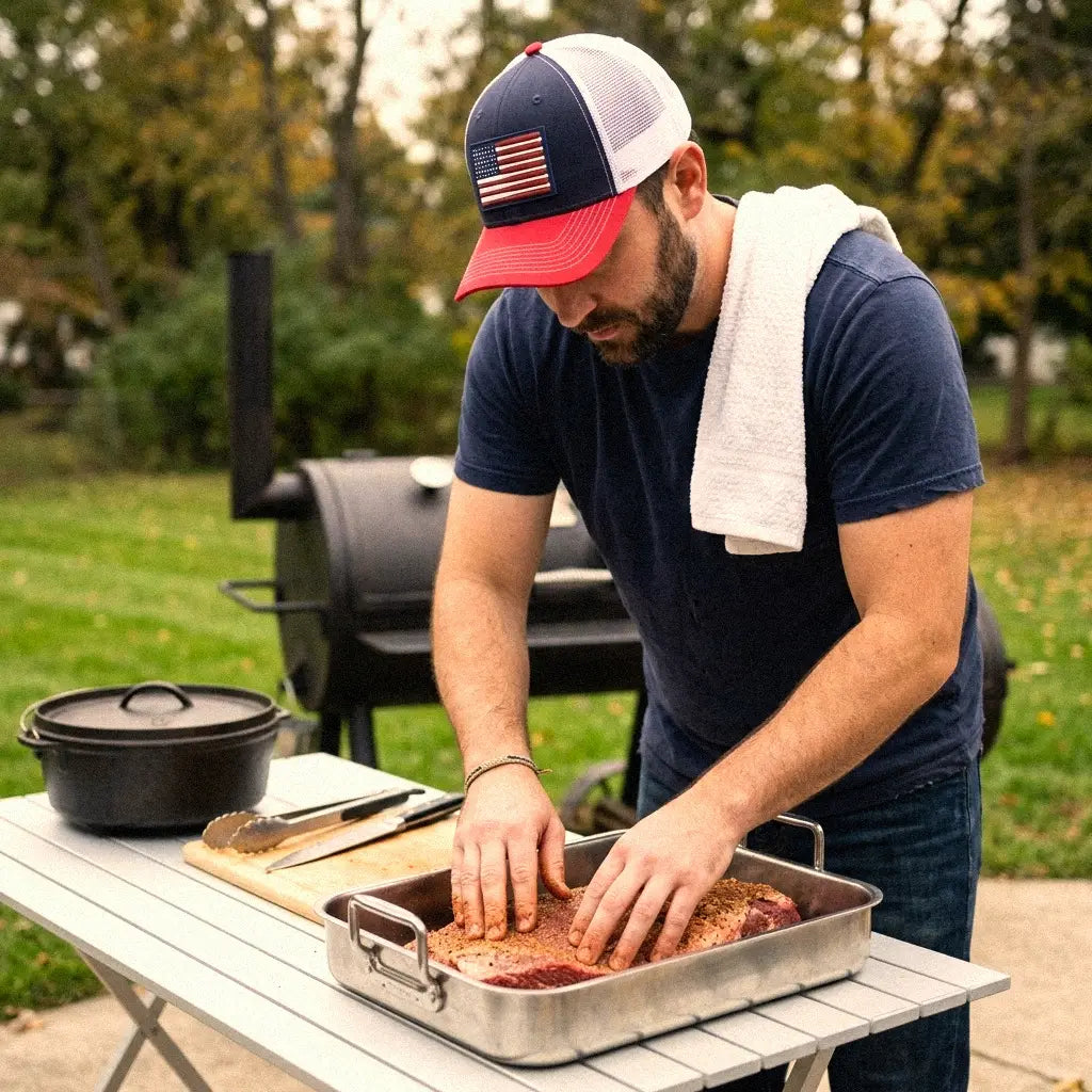 A man wearing a navy and red trucker hat with an America's Pastime flag patch, a navy t-shirt, and a white towel over his shoulder is preparing food outdoors at a table. He is placing seasoned meat into a stainless steel roasting pan next to a black cast iron Dutch oven and a grill in a backyard setting.