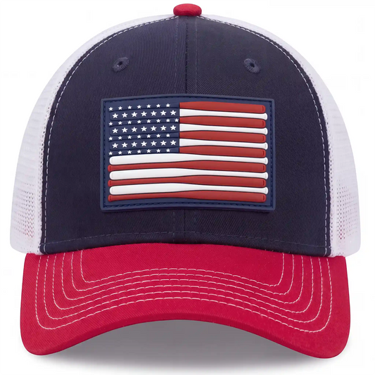 America's Pastime low profile trucker hat in red, white, and navy, front view