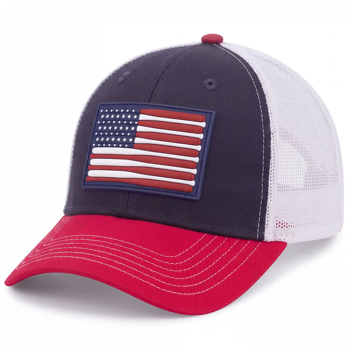 America's Pastime low profile trucker hat in red, white, and navy, side view