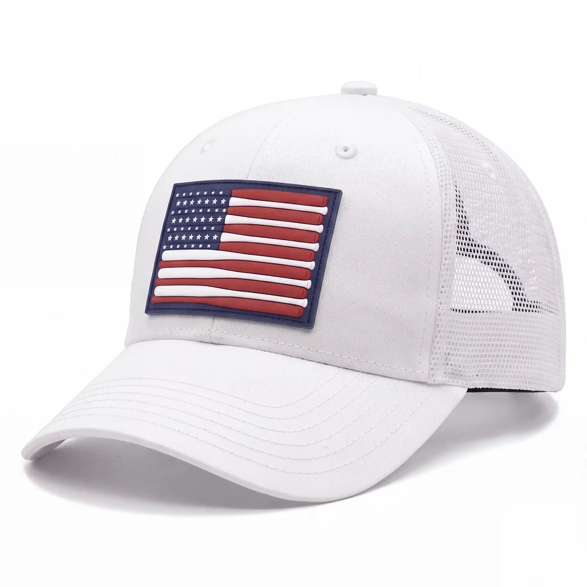 America's Pastime low profile trucker hat in white, side view
