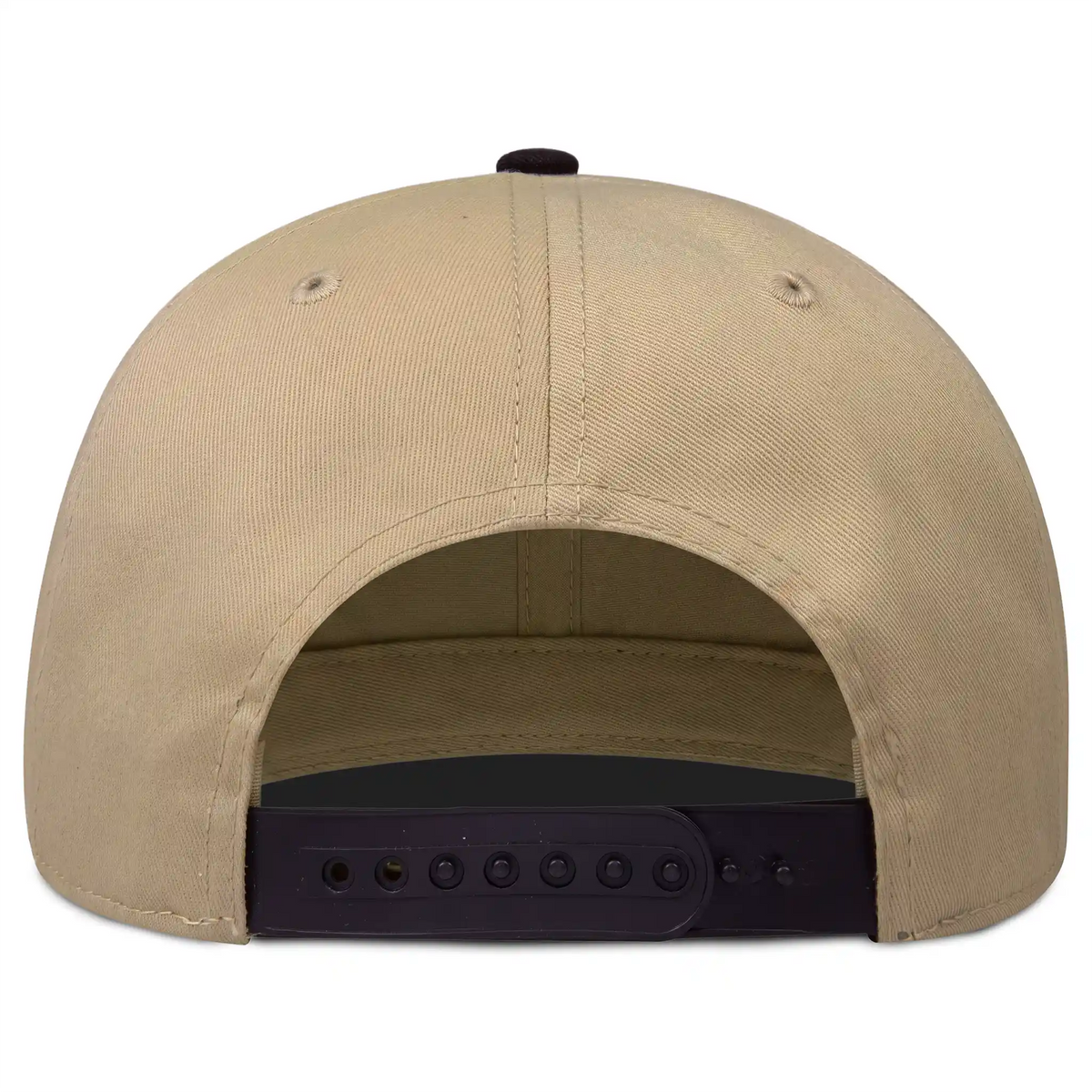 Adjustable closure on Turn Two 6 panel snapback hat in khaki with black bill