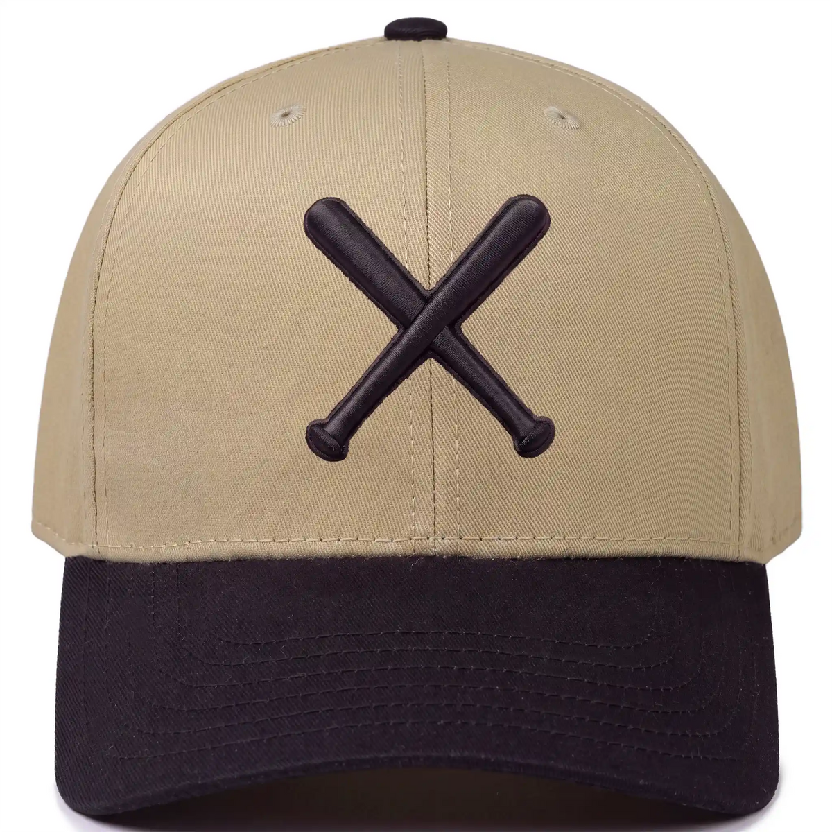 Twin Bills 6-panel snapback hat in khaki with black bill, front view
