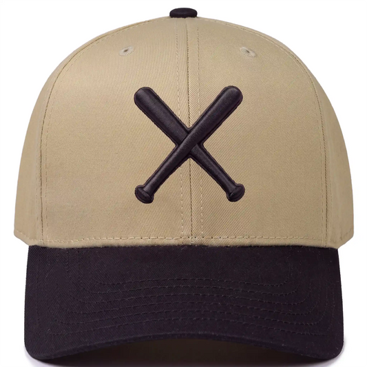 Twin Bills 6-panel snapback hat in khaki with black bill, front view