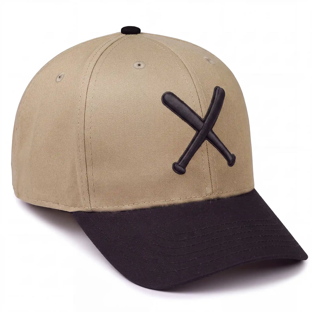 Twin Bills 6-panel snapback hat in khaki with black bill, side view