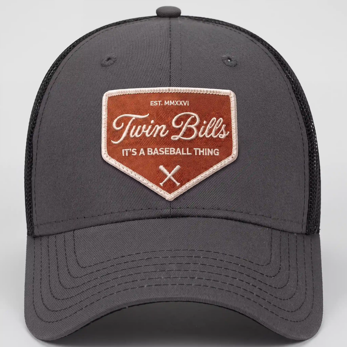 Twin Bills trucker hat in charcoal, front view