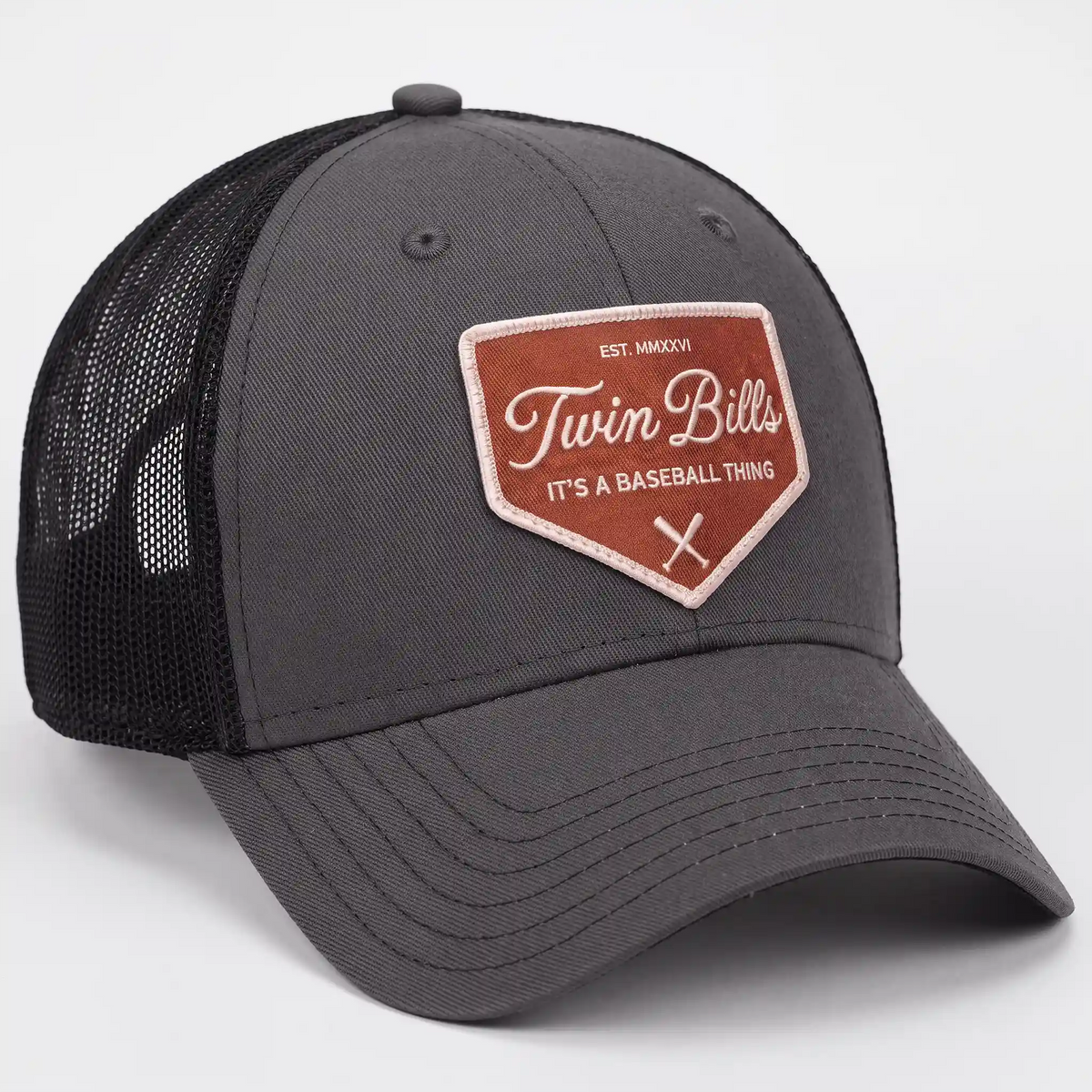 Twin Bills trucker hat in charcoal, side view