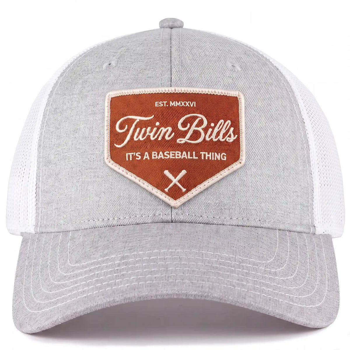 Twin Bills trucker hat in heather gray, front view