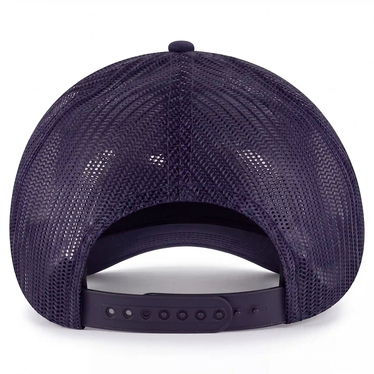 Adjustable closure on Twin Bills trucker hat in navy