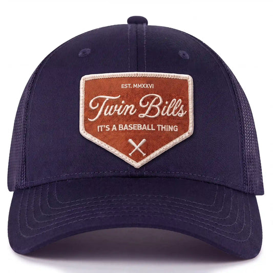 Twin Bills trucker hat in navy, front view