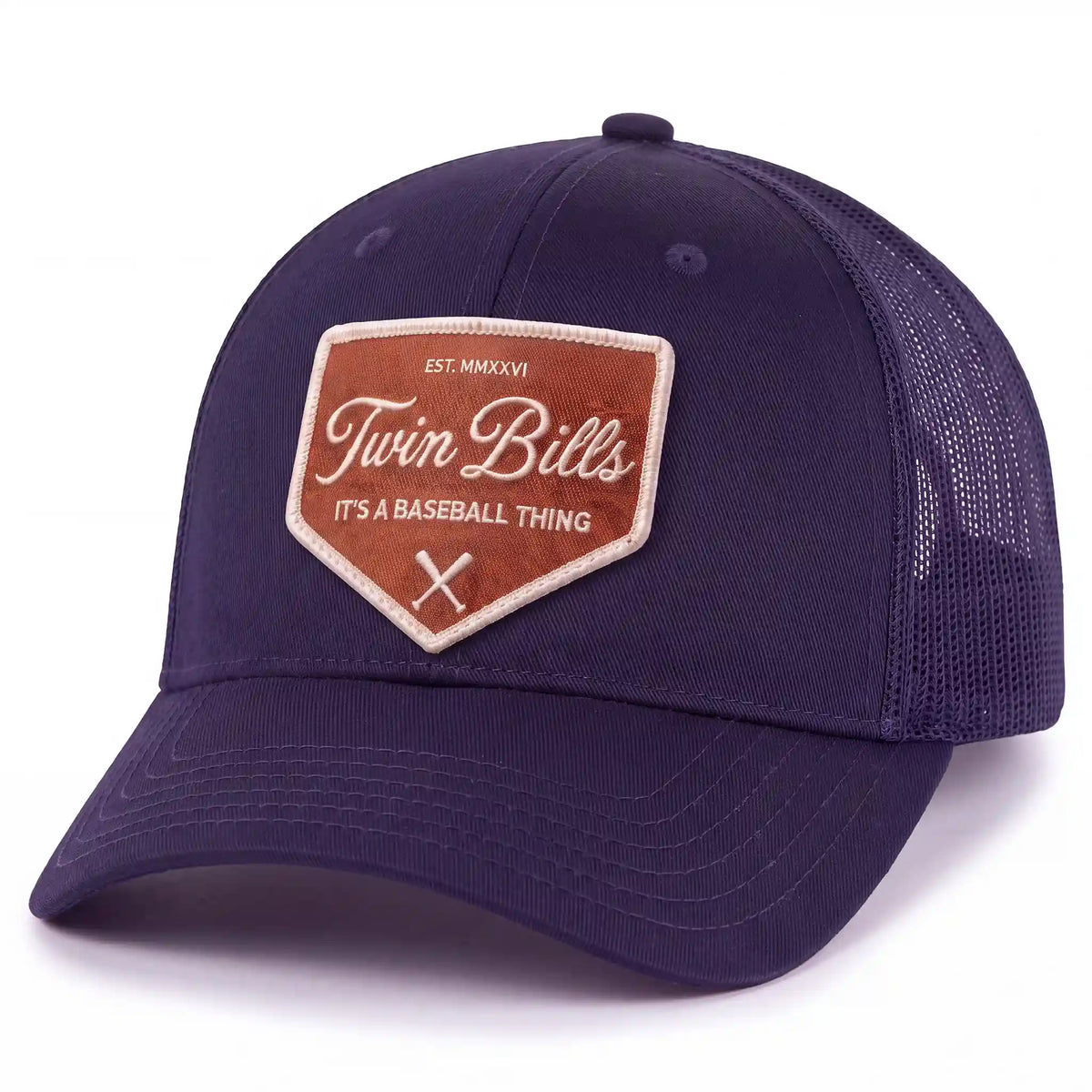 Twin Bills trucker hat in navy, side view