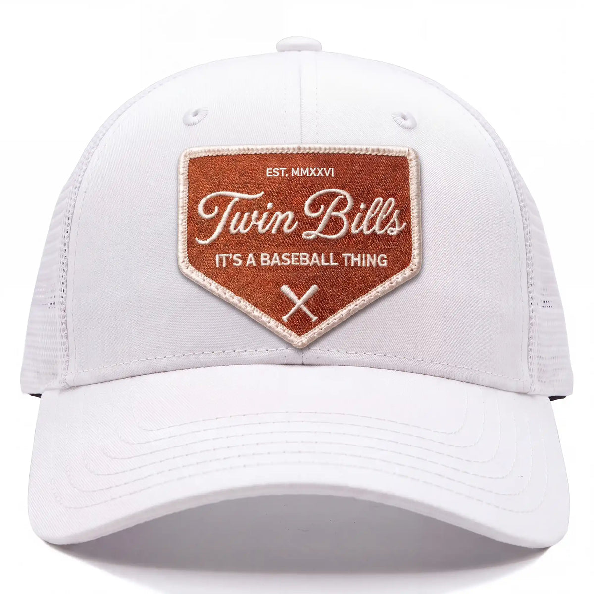 Twin Bills trucker hat in white, front view