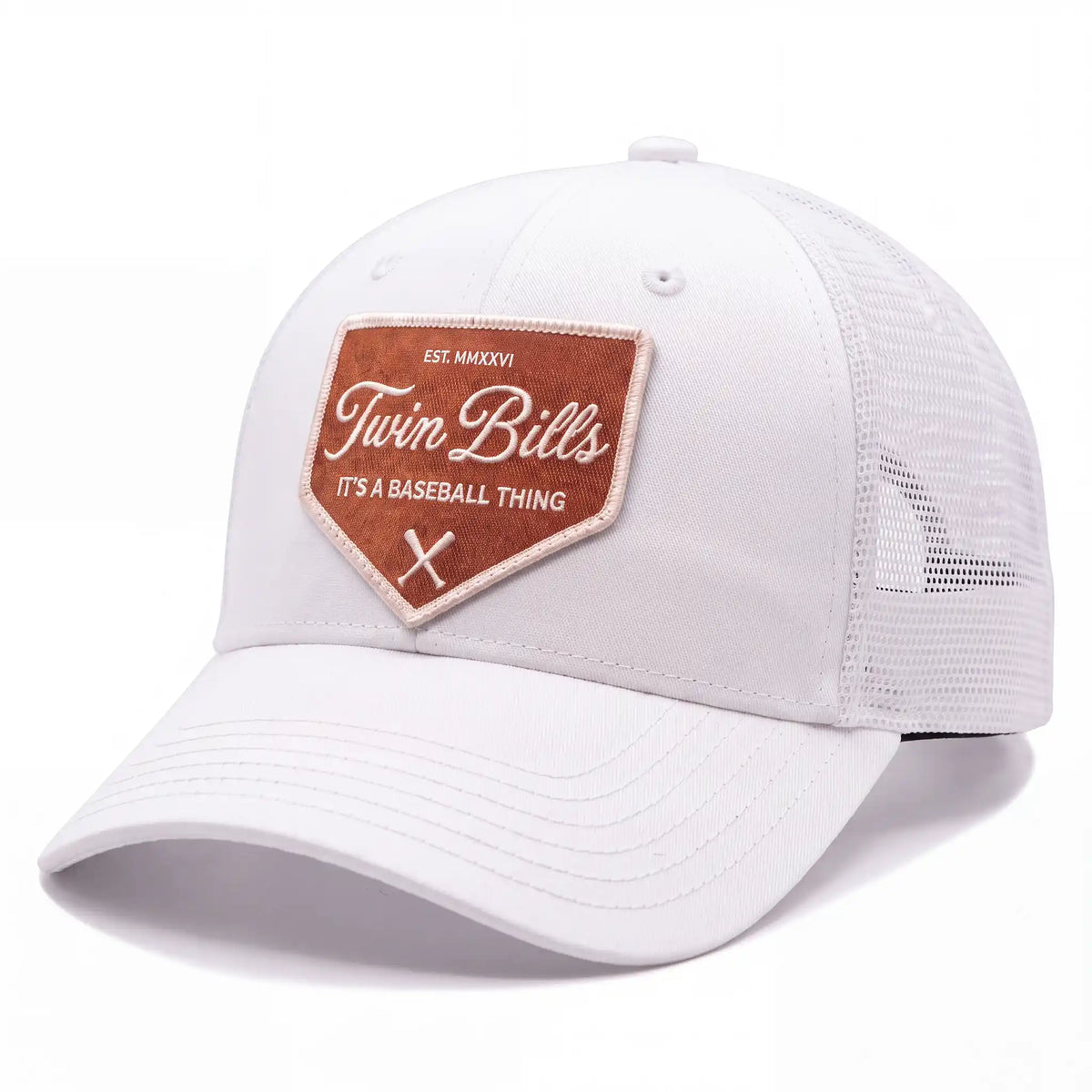 Twin Bills trucker hat in white, side view