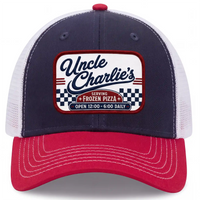 Uncle Charlie baseball hat in red, white, and navy, front view