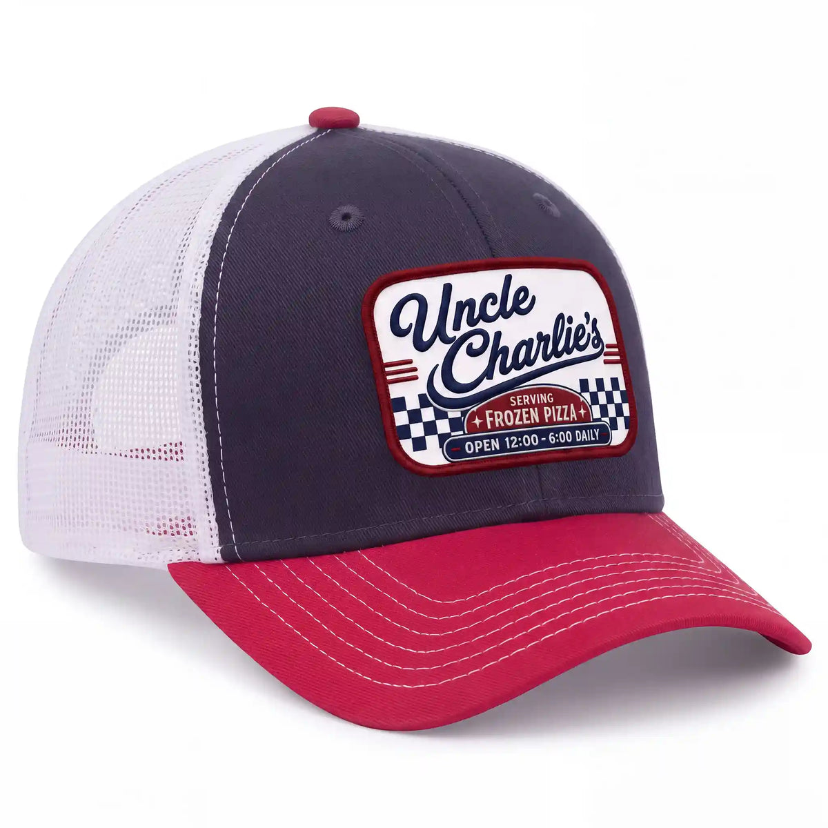 Uncle Charlie baseball hat in red, white, and navy, side view