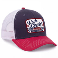 Uncle Charlie baseball hat in red, white, and navy, side view